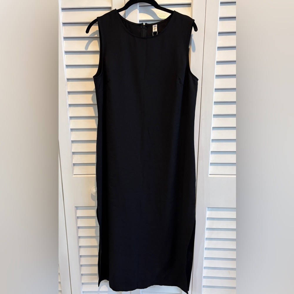 NWT Black Midi Dress Minimalist Sleeveless Slit Side Hem Pockets SZ XL Kaleirda